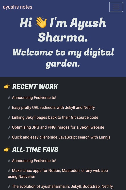 Image showing www.ayushsharma.in in dark mode in mobile view.