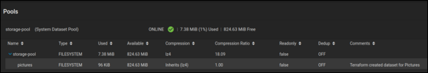 The pictures dataset is shown in the storage pool list, with the comment "Terraform create dataset for pictures"