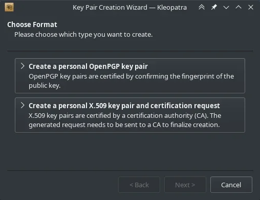 Image of how to use Kleopatra to generate a new GnuPG key pair.