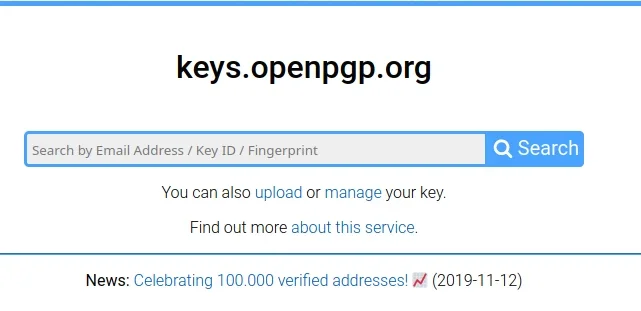 Image of the The Openpgp.org site that manages public keys and verifies email addresses.
