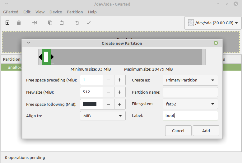 Creating a boot partition Creating a boot partition