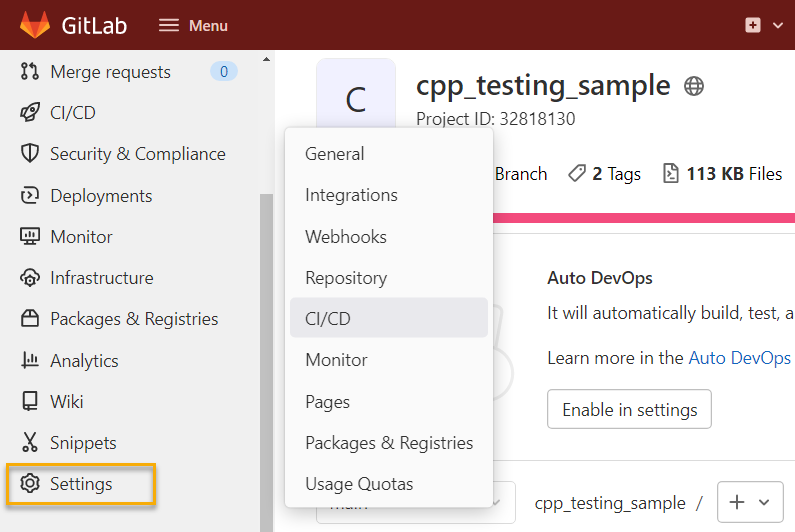 Select CI/CD in Settings Select CI/CD in Settings