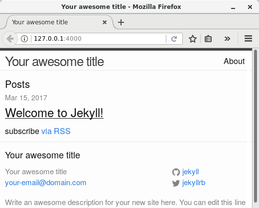 The sample site created with &quot;jekyll new&quot;, as shown by Mozilla Firefox.