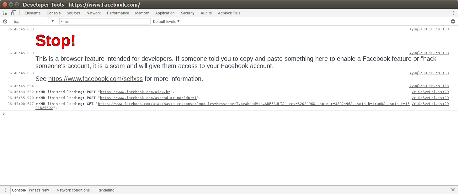 Facebook developers don't want you snooping in the console Facebook developer code - keep out