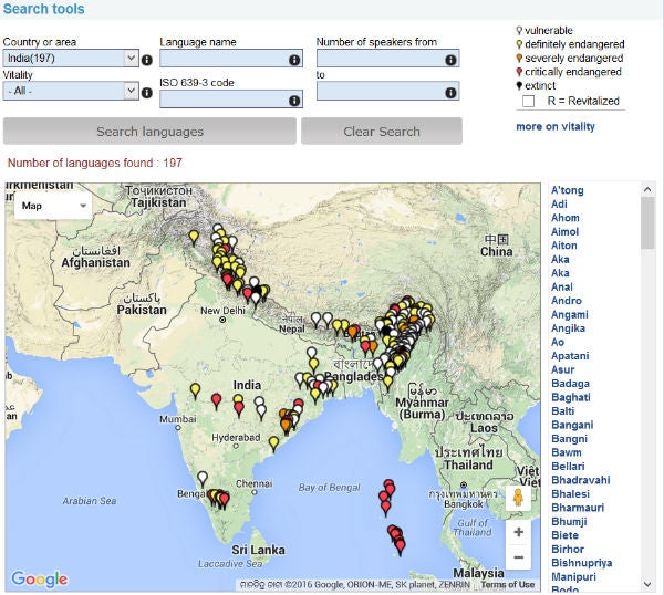 A map of dying Indian languages