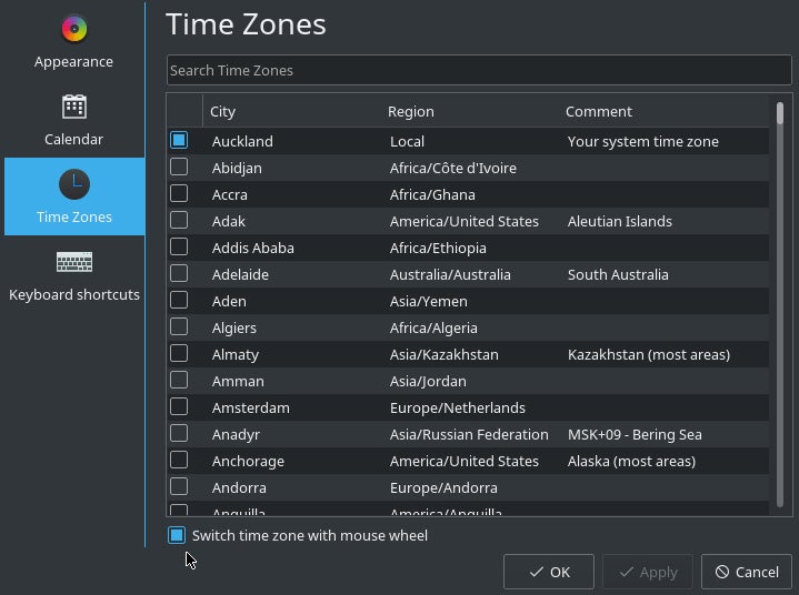 Time zones in KDE Settings Time zones in KDE Settings