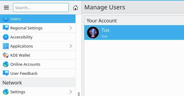 Users in KDE System Settings Users in KDE System Settings