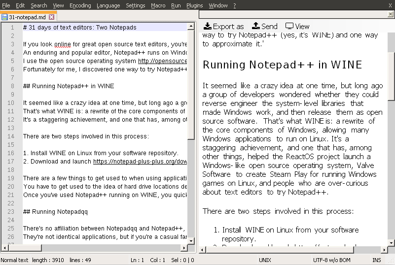 Notepad++ running in WINE on Linux Notepad++ running in WINE on Linux