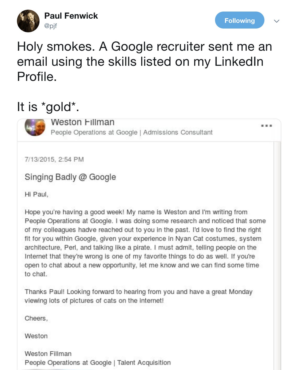 Tweet from recruiter Tweet from recruiter