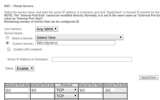 Example router setting screen Example router setting screen