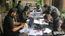 Team collaboration at an outdoor table