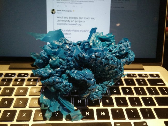 Crocheted plastic bags resembling a coral reef