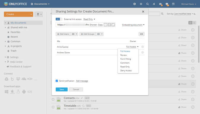 ONLYOFFICE sharing options ONLYOFFICE sharing options