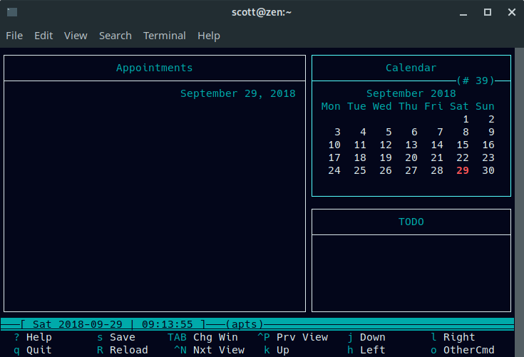 Calcurse's main screen Calcurse's main screen