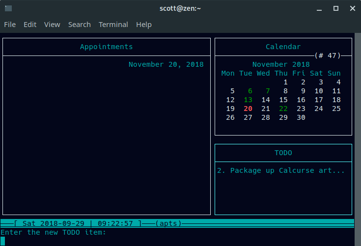 Entering a task in Calcurse Entering a task in Calcurse