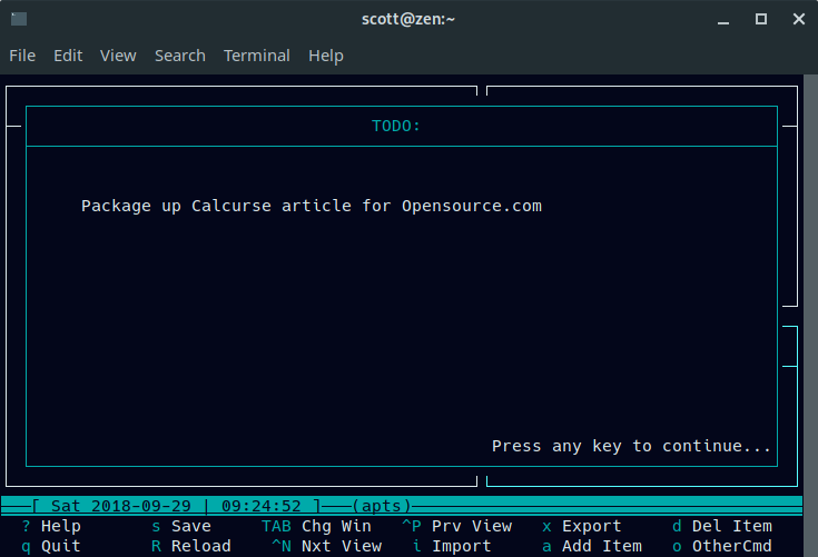 Calcurse to-do list Calcurse to-do item