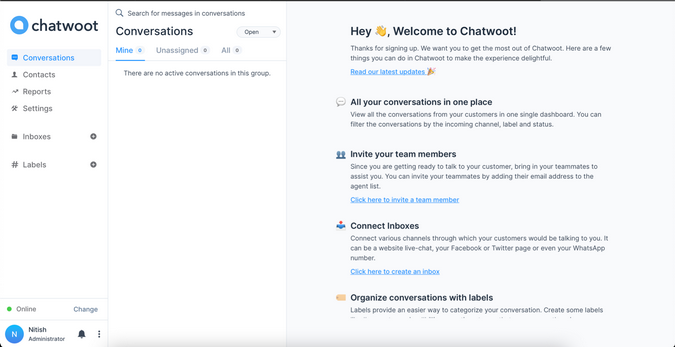 Chatwoot conversations screen Chatwoot conversations screen