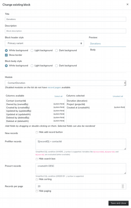 Form to change Record list block Form to change Record list block
