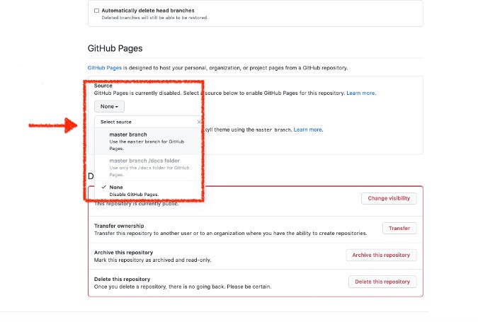 Setting Source to master branch Setting Source to master branch
