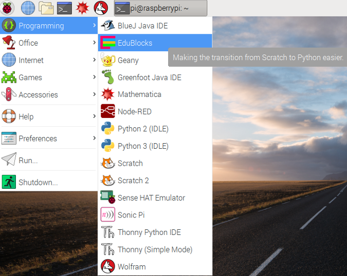 EduBlocks Programming menu EduBlocks Programming menu
