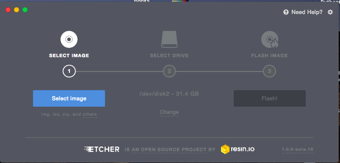 Selecting the image to use in Etcher Selecting the image to use in Etcher