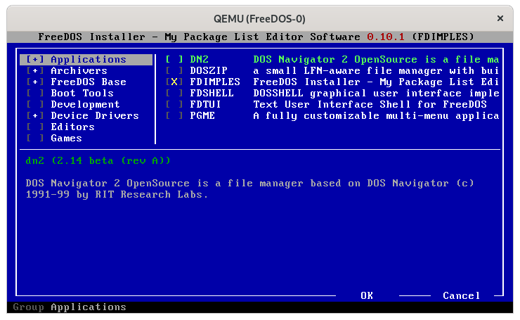 The FDIMPLES package manager on FreeDOS 1.3 RC4 (running in QEMU) fdimples
