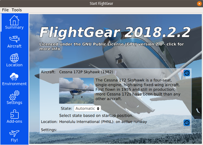 Flightgear home screen Flightgear home screen