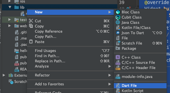 Create a new Dart file Create a new Dart file