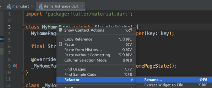 Renaming a class Renaming StatefulWidget class