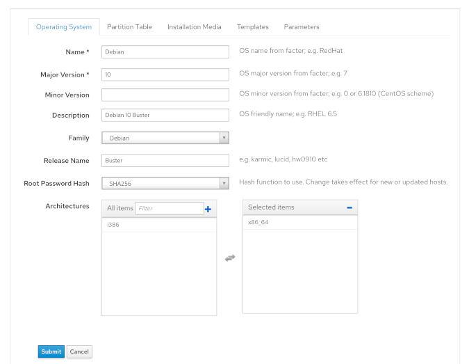 Creating a new host Creating an operating system entry