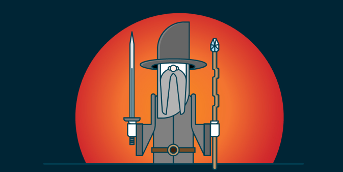 Gatekeeper Cartoon image of a wizard who looks like Gandalf from the Lord of the Rings, holding a sword in one hand and a crooked staff in the other