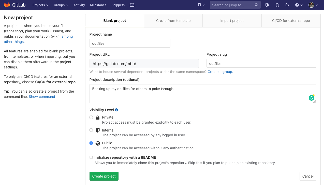 Creating a new project on GitLab Creating a new project on GitLab
