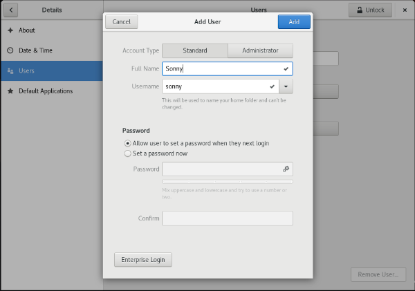 GNOME settings - add user GNOME settings - add user