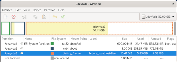 GParted's view of Btrfs on Fedora 33 Workstation using GParted GParted's view of Btrfs on Fedora 33 Workstation using GParted