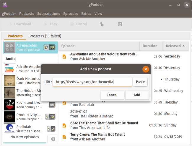 Adding a podcast in gPodder Adding a podcast in gPodder
