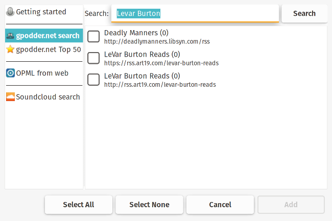 Searching in gPodder for podcasts Searching in gPodder for podcasts