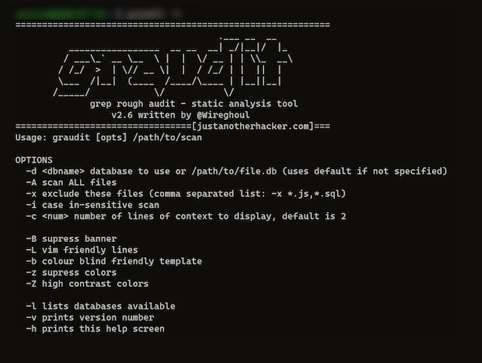 Graudit terminal screen showing help page Graudit terminal screen showing help page
