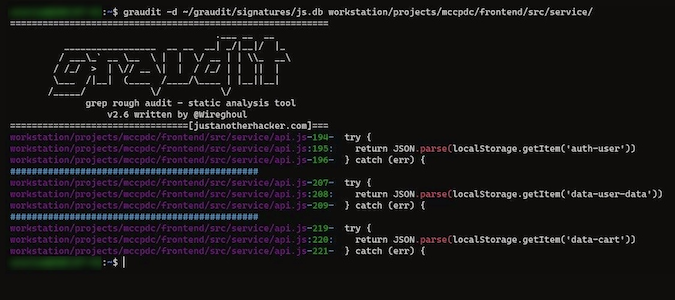 JavaScript file showing Graudit display of vulnerable code JavaScript file showing Graudit display of vulnerable code
