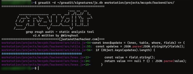 JavaScript file showing Graudit display of vulnerable code JavaScript file showing Graudit display of vulnerable code