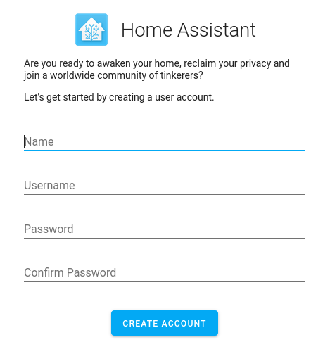 Home Assistant initial setup screen Home Assistant initial setup screen