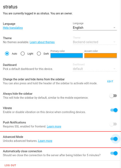 Home Assistant user profile options Home Assistant user profile options