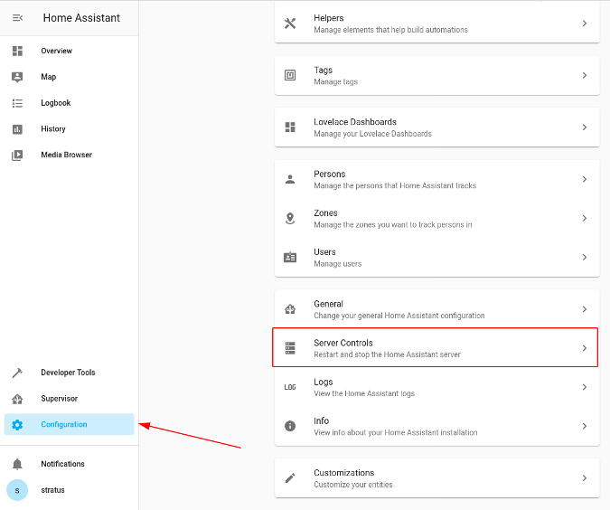 Home Assistant server controls Home Assistant server controls