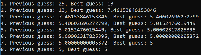 Code iterating for the square root of 25 Code iterating for the square root of 25