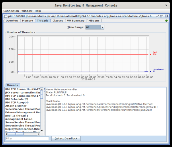 threads tab jconsole thread dashboard showing number of threads over time and a scrolling list of threads