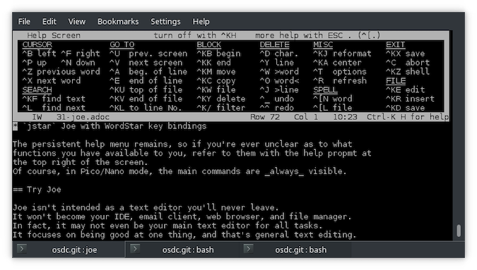 Black terminal with white text showing WordStar key bindings Black terminal with white text showing WordStar key bindings