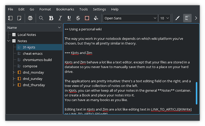black KJots terminal with white text and separate left-side tree menu black KJots terminal with white text and separate left-side tree menu