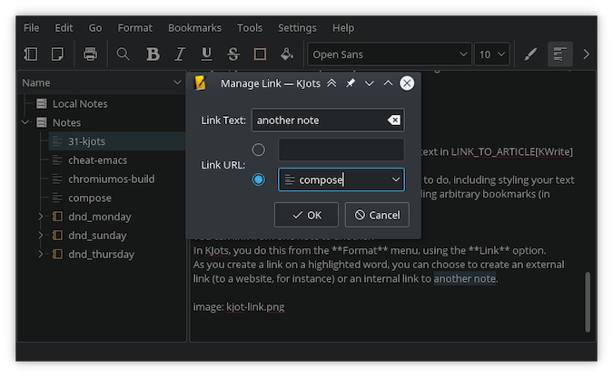 Kjots terminal with pop-up box titled link management Kjots terminal with pop-up box titled link management