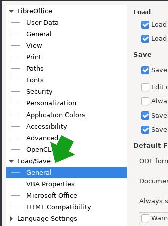 LibreOffice settings panel