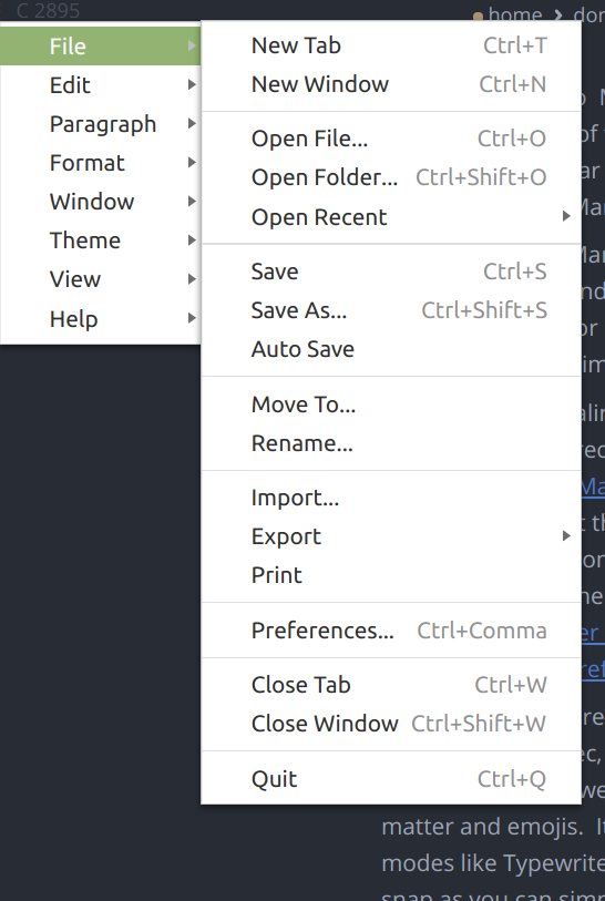Mark Text file menu Mark Text file menu