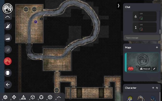 Mythic Table A dungeon map rendered by Mythic Table and user interface choices for chat, maps, and characters